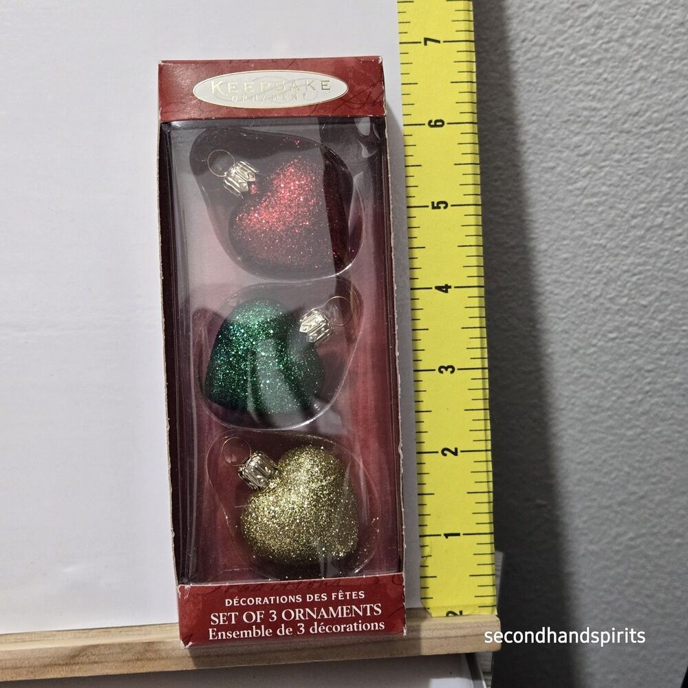Hallmark Keepsake Set/3 Blown Glass Glitter Heart Ornaments Trending Christmas